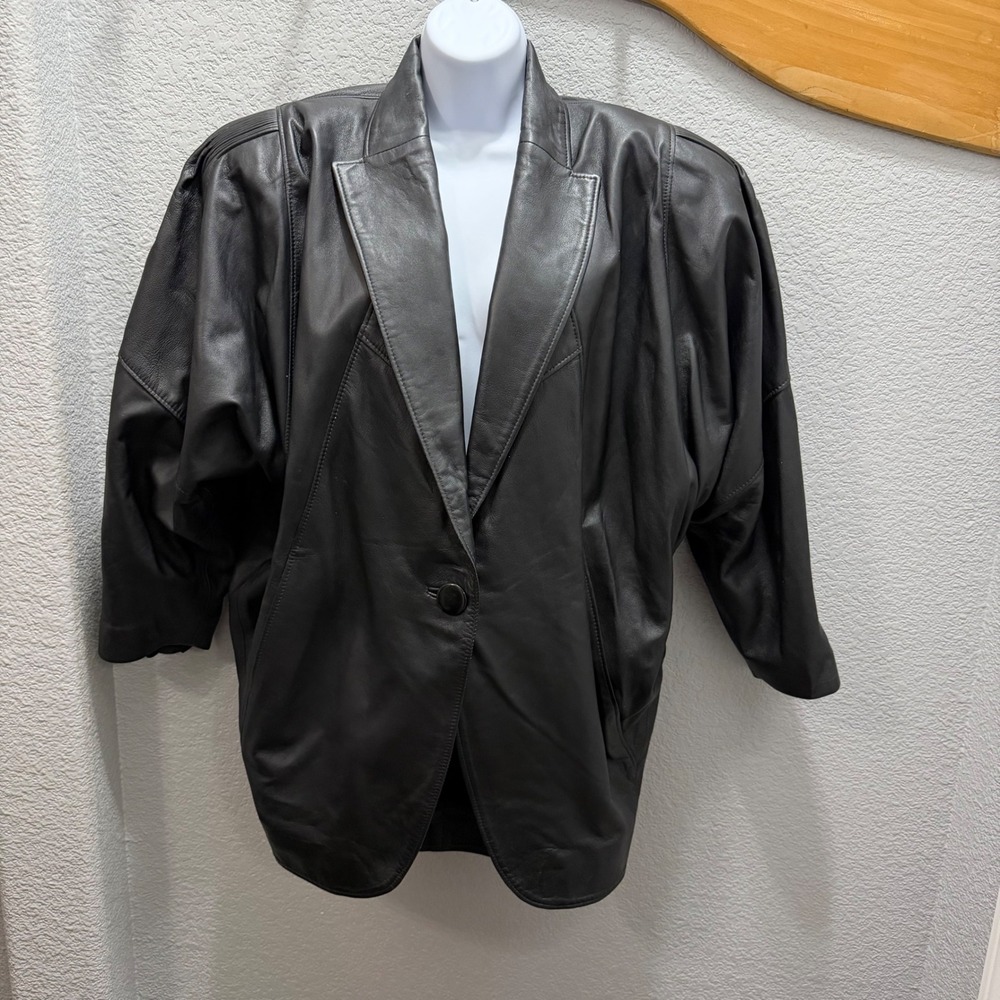 Unik‎ 100% Leather Jacket Women's S Black Wide Shoulders 80s Retro Oversized